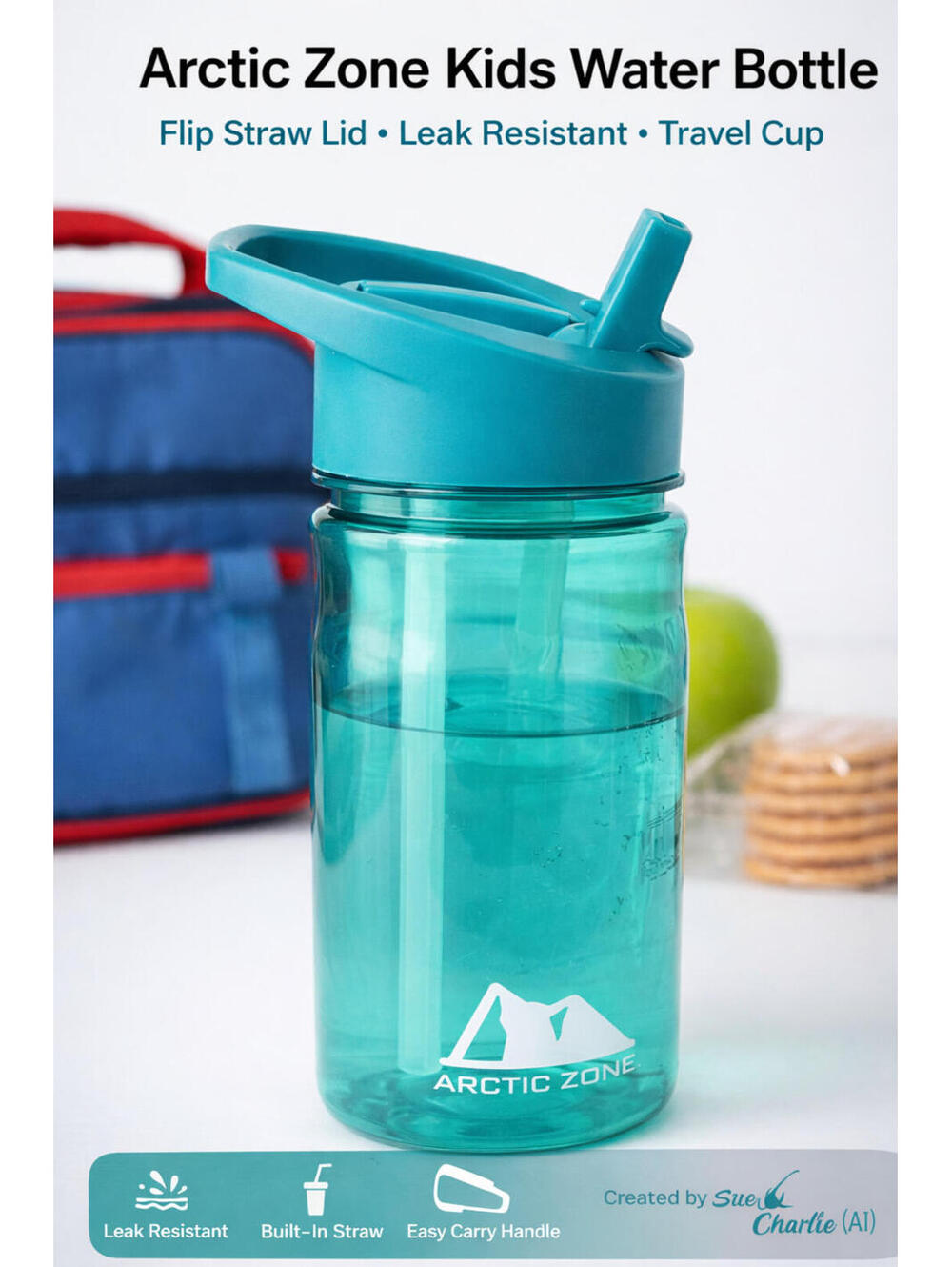 Arctic Zone Kids Water Bottle Teal Flip Straw Lid Leak Resistant Travel Cup